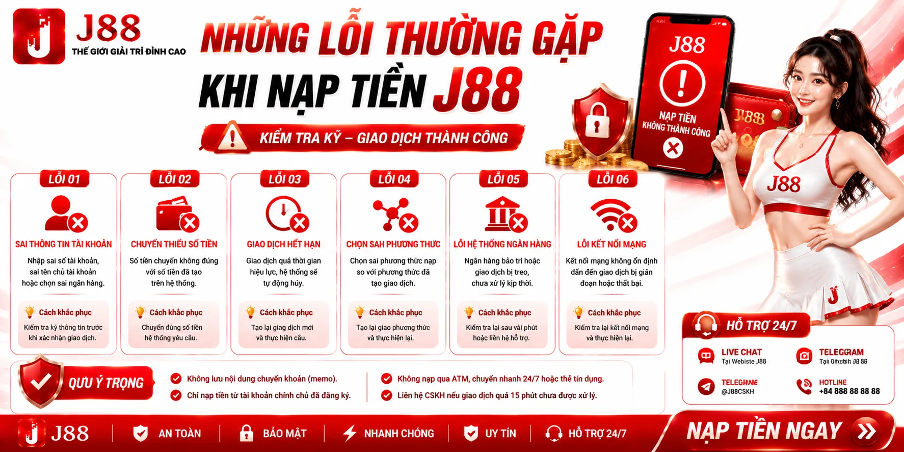 Những lỗi thường gặp khi nạp tiền J88